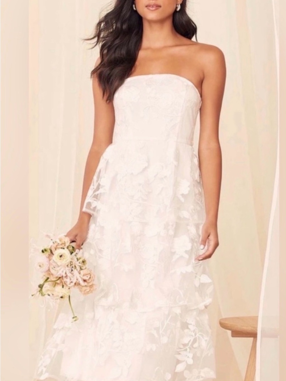 Lulu's white Floral Embroidered 3 Tiered Maxi Dress (strapless) - Picture 6 of 7
